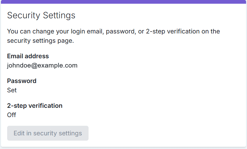 Resident Portal Security Settings card showing the login email address, that a password is set, that 2-step verification is off, and an edit in security settings button