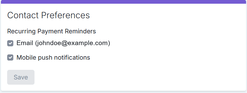 Resident Portal Contact Preferences card with checkboxes for recurring payment reminders by email and by mobile push notification