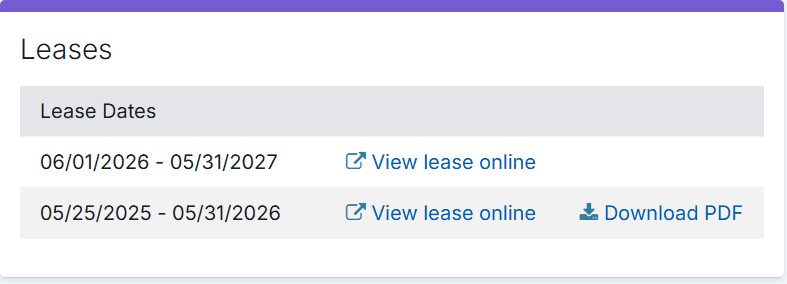 Resident Portal Leases card listing the current and previous lease dates, each with a View lease online link and a Download PDF link